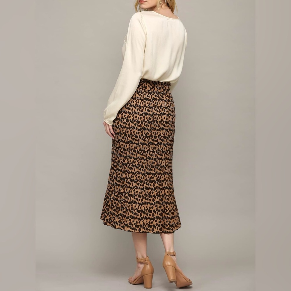 High Waist Polka Dot Pleated Midi Swing Skirt with Pockets -brown - Picture 2 of 6